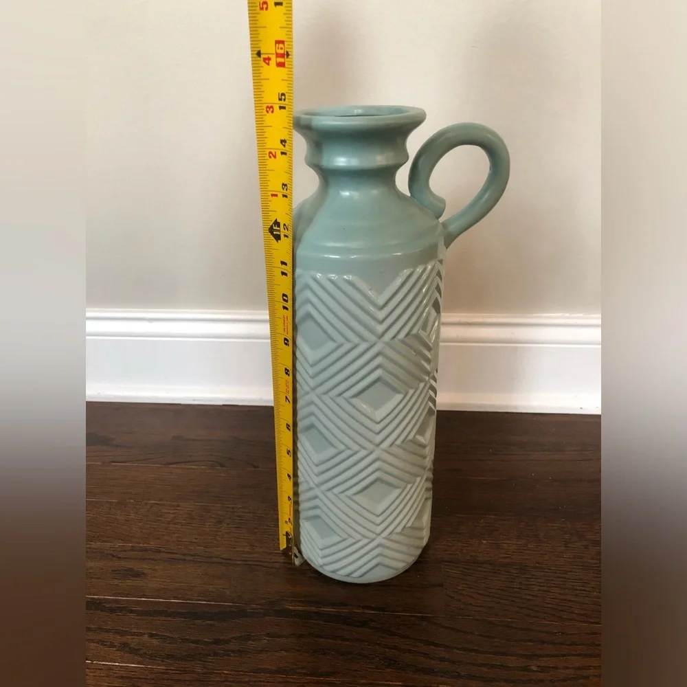 Bed Bath & Beyond Large Sea Blue Herringbone Decor Jug Bottle Pitcher Vase - EUC